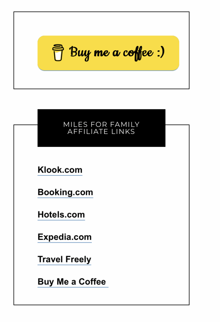 The image consists of two sections. The top section features a yellow button with a coffee cup icon and the text "Buy me a coffee :)". The bottom section is titled "Miles for Family Affiliate Links" and lists several links: Klook.com, Booking.com, Hotels.com, Expedia.com, Travel Freely, and Buy Me a Coffee.